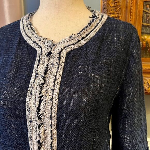 EUC Women's Elie Tahari Navy White Linen Blend Woven Fringe Jacket Size SMALL - Picture 3 of 10